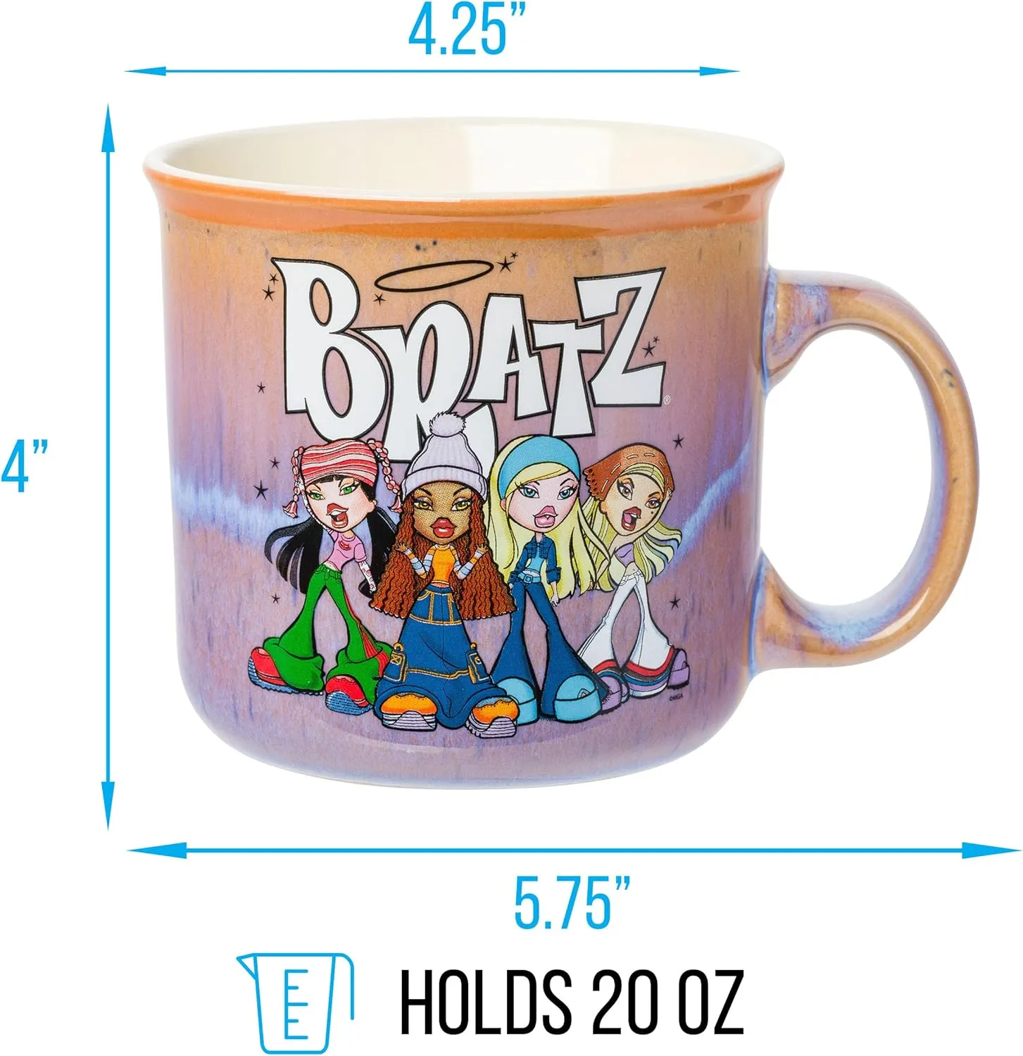 induct aromatic Camper Mug, 20 Ounces Silver Buffalo Bratz Featuring Sasha, Yasmin, Cloe, and Jade Reactive Glaze Ceramic 