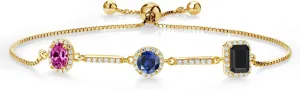 inefficient Pink Created Sapphire Blue Created Sapphire 18K Yellow Gold Plated Silver Bracelet For Women Gem Stone King 1.66 Ct 