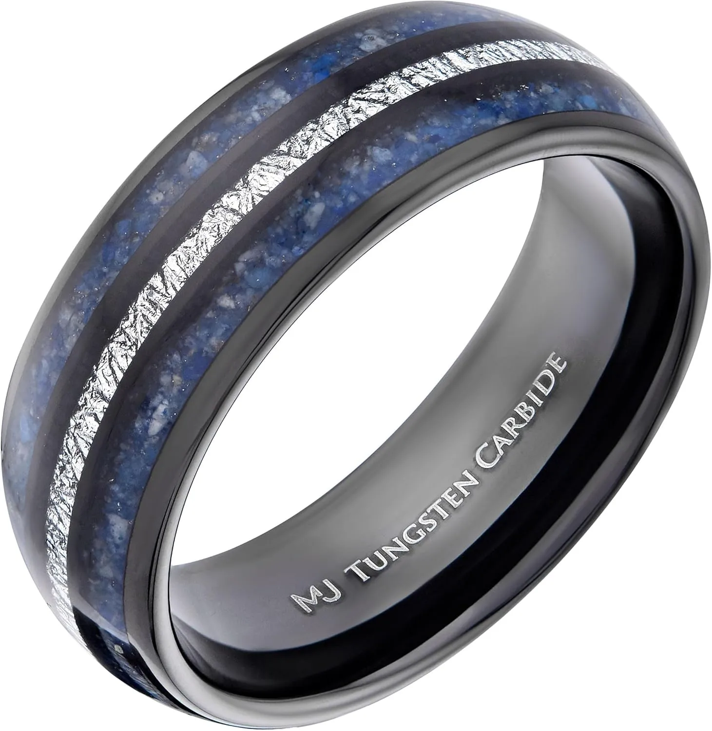 Inlay 8mm Wedding Band Comfort Fit Tungsten Ring Polished Finish with Lapis Lazuli and Faux aesthetic ore optic Meteorite 