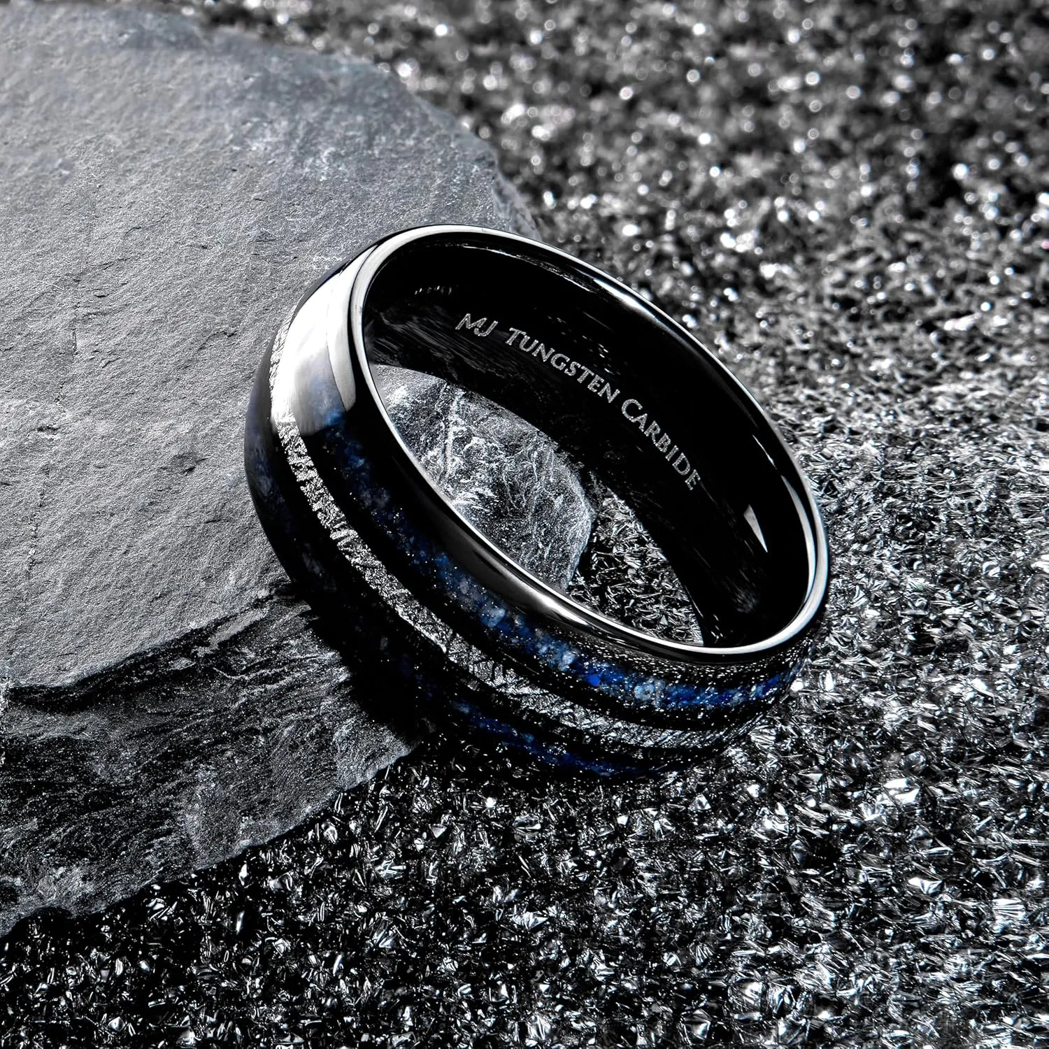 Inlay 8mm Wedding Band Comfort Fit Tungsten Ring Polished Finish with Lapis Lazuli and Faux aesthetic ore optic Meteorite 
