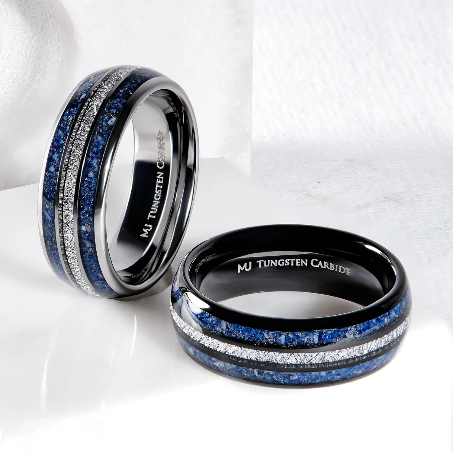 Inlay 8mm Wedding Band Comfort Fit Tungsten Ring Polished Finish with Lapis Lazuli and Faux aesthetic ore optic Meteorite 
