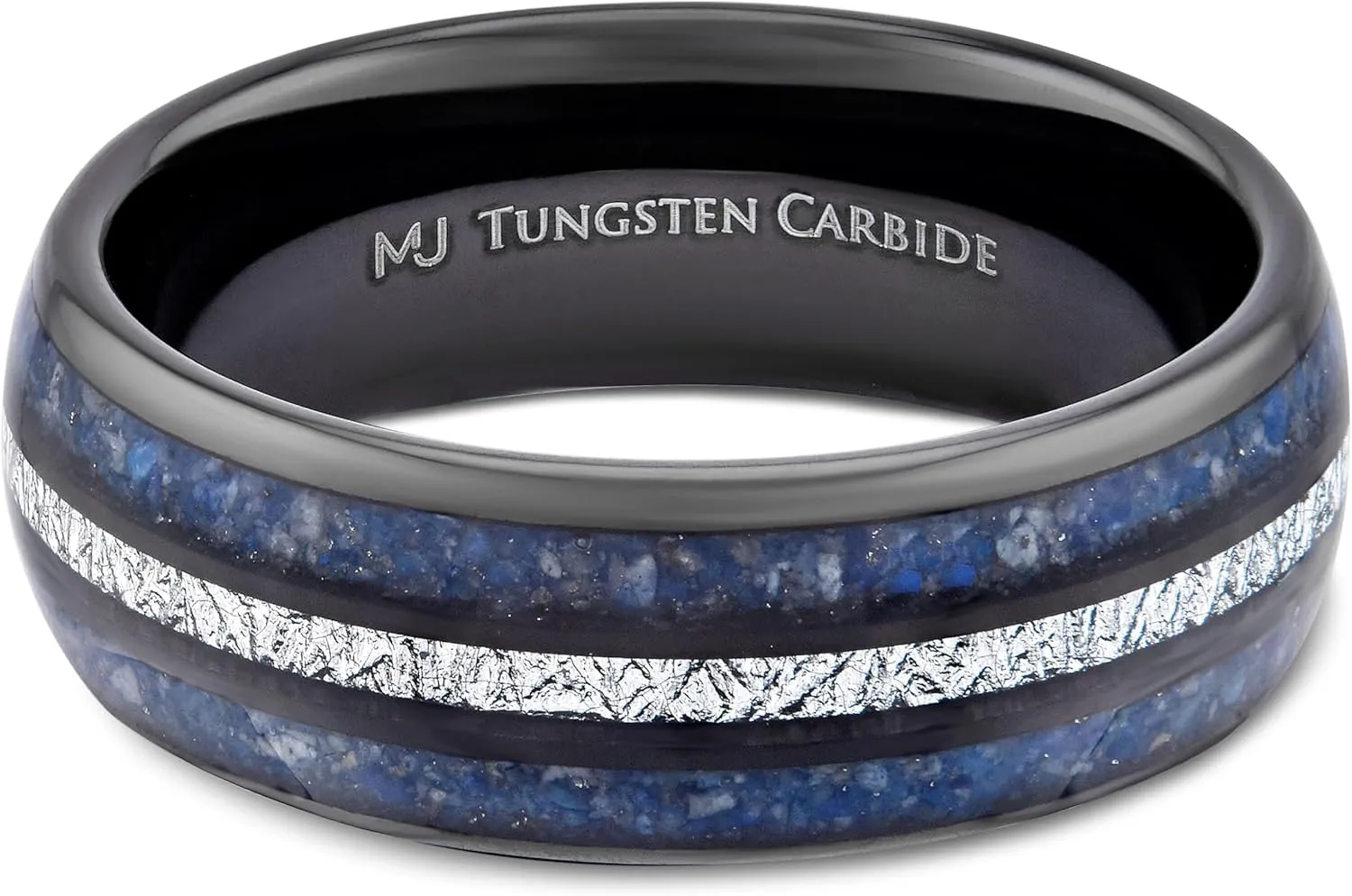 Inlay 8mm Wedding Band Comfort Fit Tungsten Ring Polished Finish with Lapis Lazuli and Faux aesthetic ore optic Meteorite 