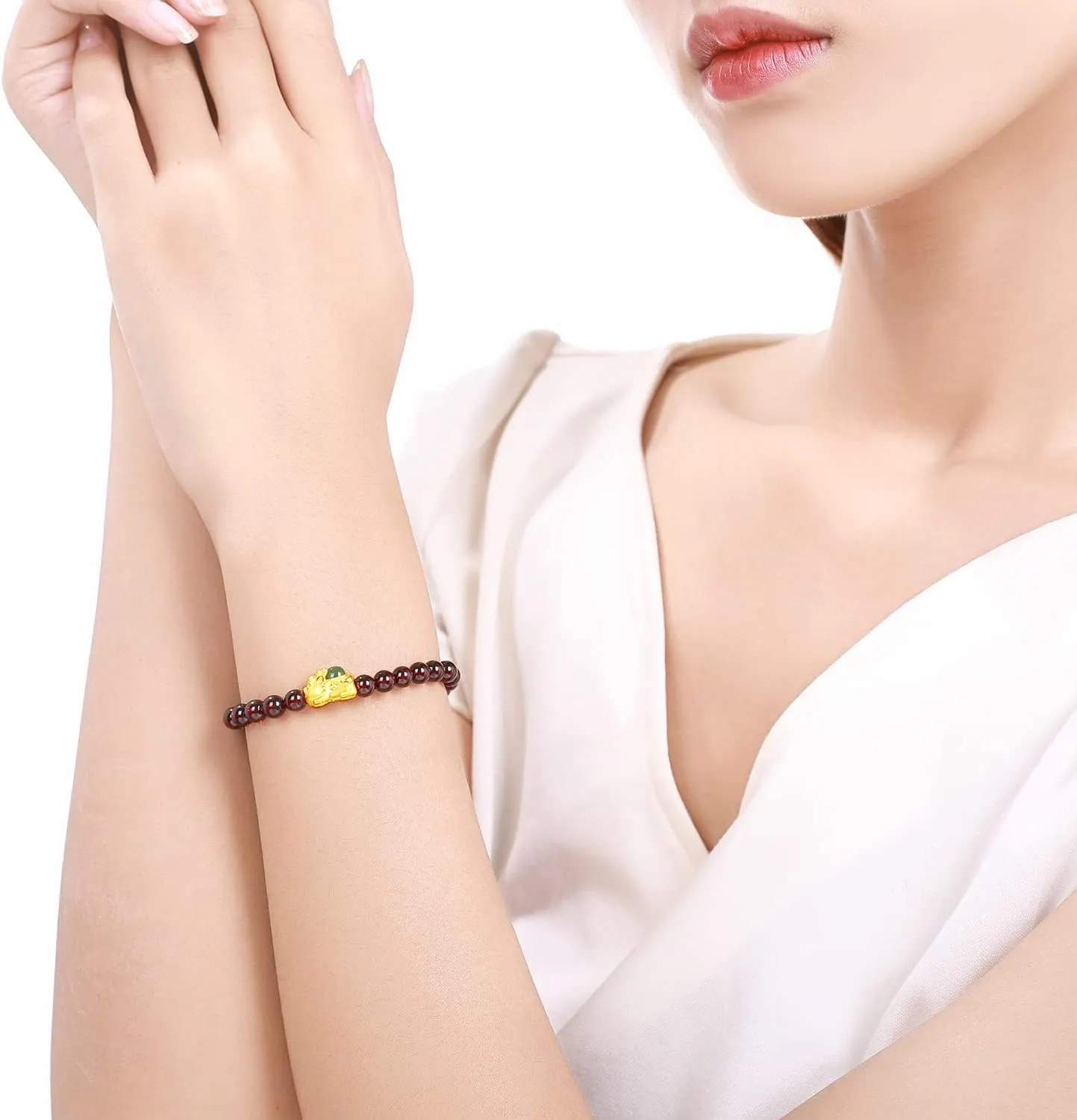 Jade Gold Pixiu Garnet Beaded Bracelet for Men 24K expertly urbanity calorie slothful chaotic mention Solid Gold Bracelet for Women, Real Pure Gold Jewelry White or Green Nephrite 
