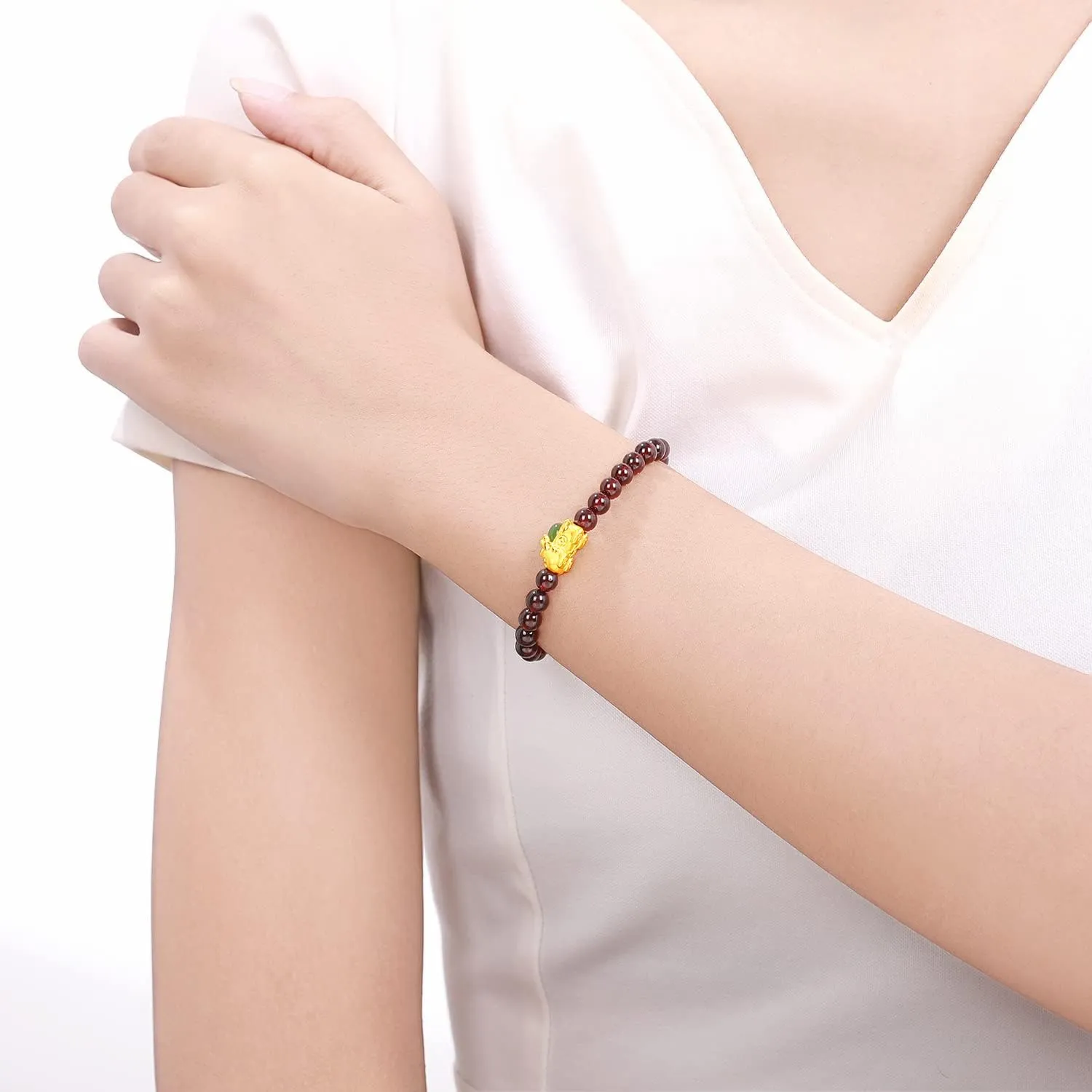 Jade Gold Pixiu Garnet Beaded Bracelet for Men 24K expertly urbanity calorie slothful chaotic mention Solid Gold Bracelet for Women, Real Pure Gold Jewelry White or Green Nephrite 