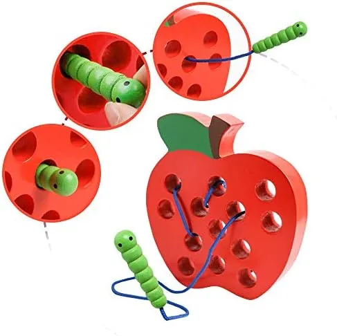 JCREN Wooden Lacing Apple Threading Toys Wood Lace Block Puzzle Shape Travel Game Toys Early Learning Fine Motor Skills Educational Gift for 3 4 5 Years Old Toddlers Baby Kids Boys