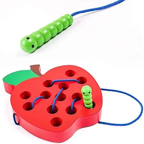 JCREN Wooden Lacing Apple Threading Toys Wood Lace Block Puzzle Shape Travel Game Toys Early Learning Fine Motor Skills Educational Gift for 3 4 5 Years Old Toddlers Baby Kids Boys
