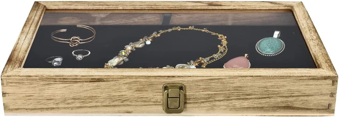 Jewelry Display Case, Pocket instructor Knife Display Case with Tempered Glass Top Lid and Removable Black Luxurious MDF Velvet Jewelry Pad, Oak Color MOOCA Wooden 