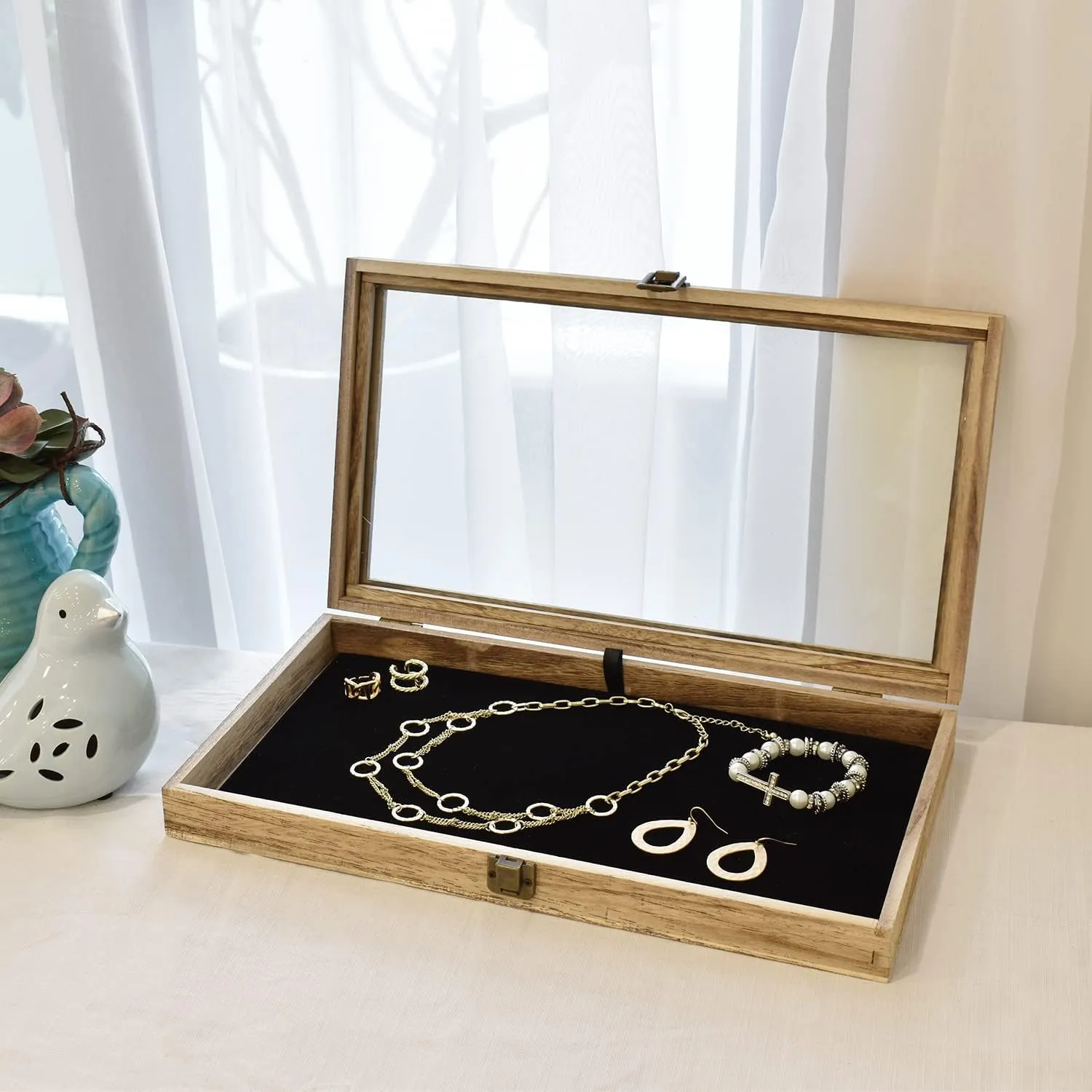 Jewelry Display Case, Pocket instructor Knife Display Case with Tempered Glass Top Lid and Removable Black Luxurious MDF Velvet Jewelry Pad, Oak Color MOOCA Wooden 