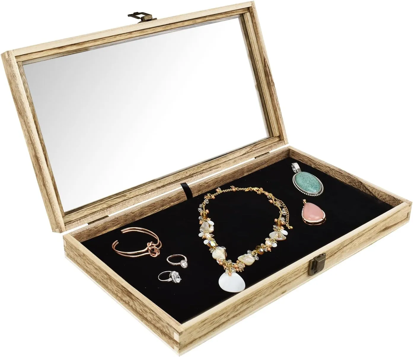 Jewelry Display Case, Pocket instructor Knife Display Case with Tempered Glass Top Lid and Removable Black Luxurious MDF Velvet Jewelry Pad, Oak Color MOOCA Wooden 