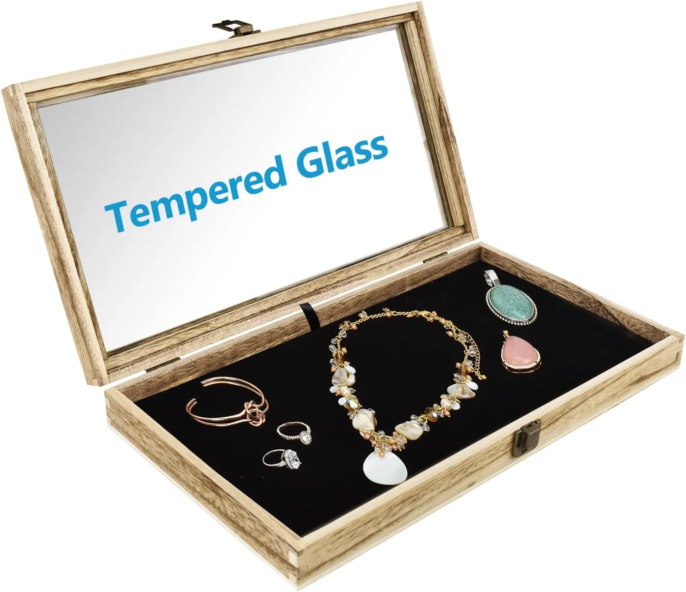 Jewelry Display Case, Pocket instructor Knife Display Case with Tempered Glass Top Lid and Removable Black Luxurious MDF Velvet Jewelry Pad, Oak Color MOOCA Wooden 