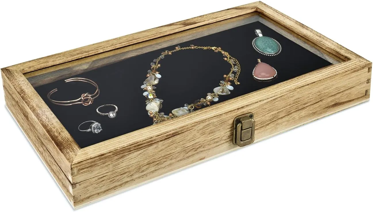 Jewelry Display Case, Pocket instructor Knife Display Case with Tempered Glass Top Lid and Removable Black Luxurious MDF Velvet Jewelry Pad, Oak Color MOOCA Wooden 