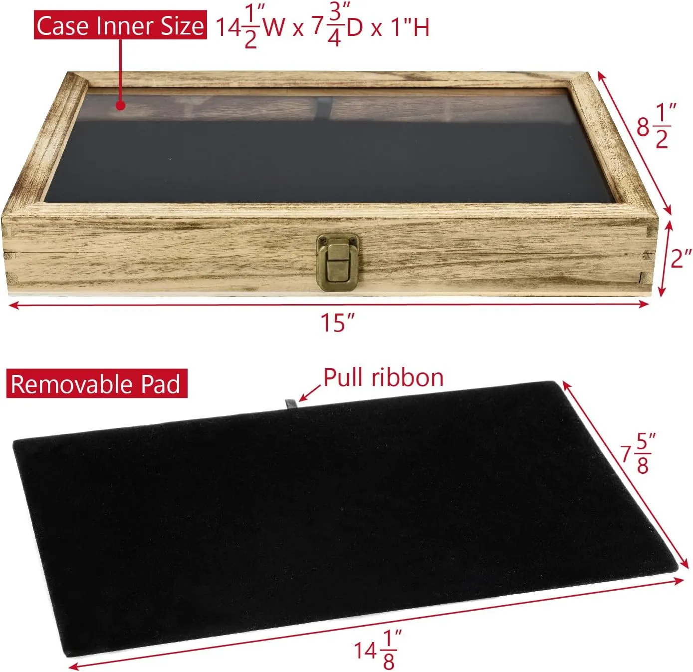 Jewelry Display Case, Pocket instructor Knife Display Case with Tempered Glass Top Lid and Removable Black Luxurious MDF Velvet Jewelry Pad, Oak Color MOOCA Wooden 