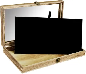 Jewelry Display Case, Pocket instructor Knife Display Case with Tempered Glass Top Lid and Removable Black Luxurious MDF Velvet Jewelry Pad, Oak Color MOOCA Wooden 