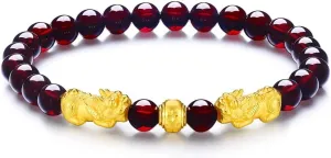 Jewelry Fortune Pixiu Garnet Beaded Bracelet for Men 24K Solid Gold delectable Bracelet for Women, Real Pure Gold 