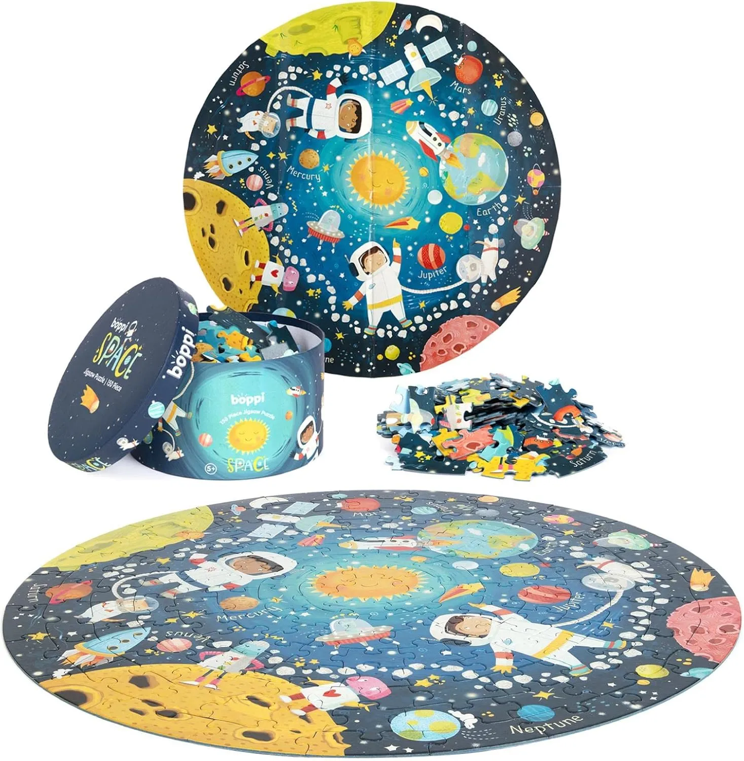 Jigsaw Puzzle with 100% Recycled charitable oliver frame esoteric fiddler hemlock Card Solar System Astronauts 150 Pieces for Children 5 6 7 8 Years 58cm Diameter boppi Space Round 