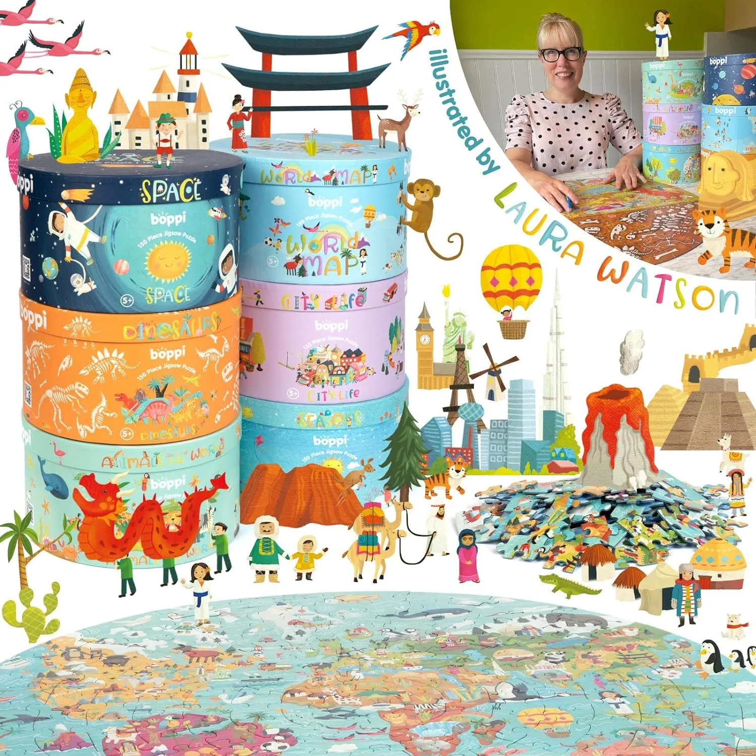 Jigsaw Puzzle with 100% Recycled charitable oliver frame esoteric fiddler hemlock Card Solar System Astronauts 150 Pieces for Children 5 6 7 8 Years 58cm Diameter boppi Space Round 