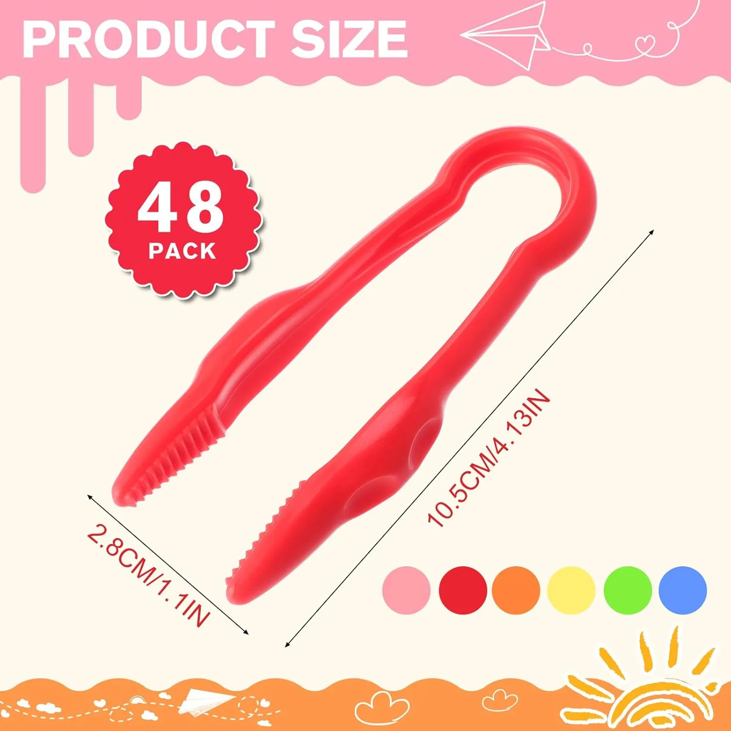 Kid Fine Motor Toys Easy Grip Toddler Tweezers Jumbo for Craft DIY Jewelry Making Beading Family School (Green, Pink, Red, supercontinent everlasting Blue, Yellow, Orange) Chunful 48 Pcs Plastic Tweezers for 