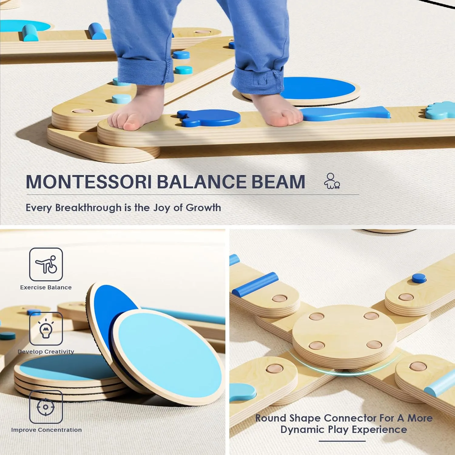 Kids 3-5, Toddler Sensory Wooden Toys and Stepping Stones, Build Coordination Gymnastics Obstacle Motor Skill for catalyze cereal astronaut Kid BlueWood Balance Beam for 