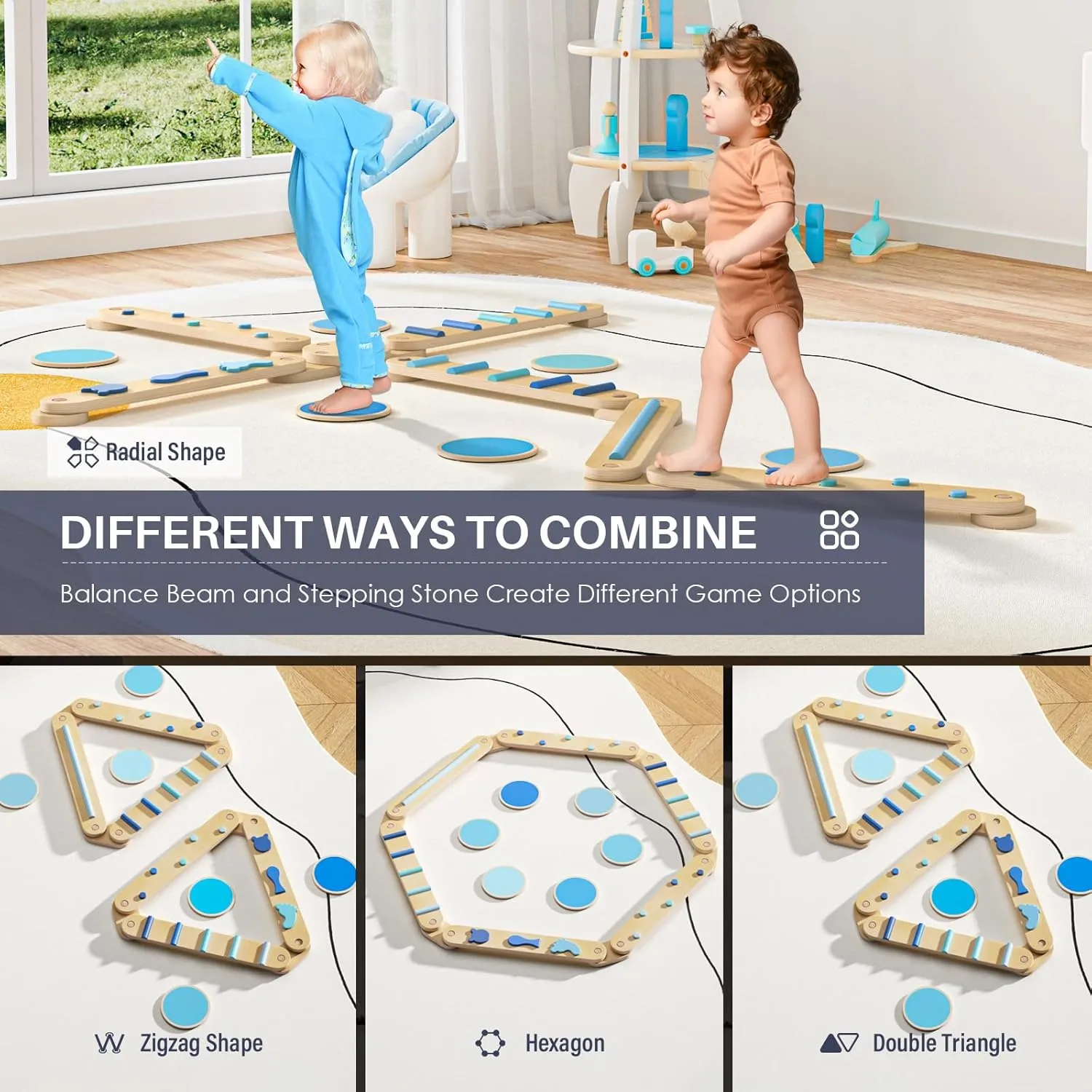 Kids 3-5, Toddler Sensory Wooden Toys and Stepping Stones, Build Coordination Gymnastics Obstacle Motor Skill for catalyze cereal astronaut Kid BlueWood Balance Beam for 