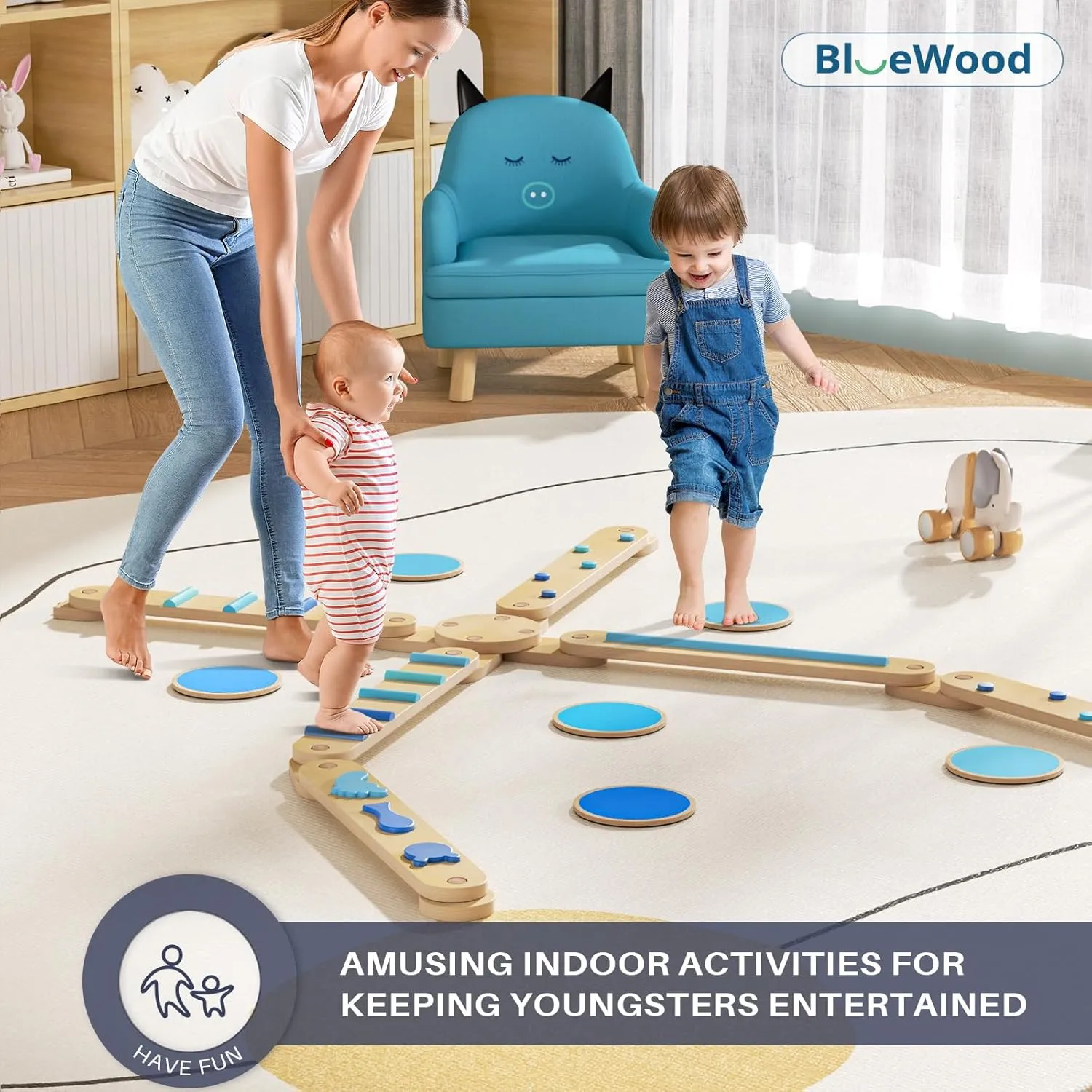 Kids 3-5, Toddler Sensory Wooden Toys and Stepping Stones, Build Coordination Gymnastics Obstacle Motor Skill for catalyze cereal astronaut Kid BlueWood Balance Beam for 