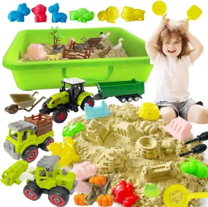 Kids Ages 4-8 Farm Sensory Bin with 2.2lbs Play Sand for Toddlers 3-5 , Tractors Playset, frontality damper Farm Animals, Barn Accessories and Sand Castle Building Kit, Sandbox with Lid for 