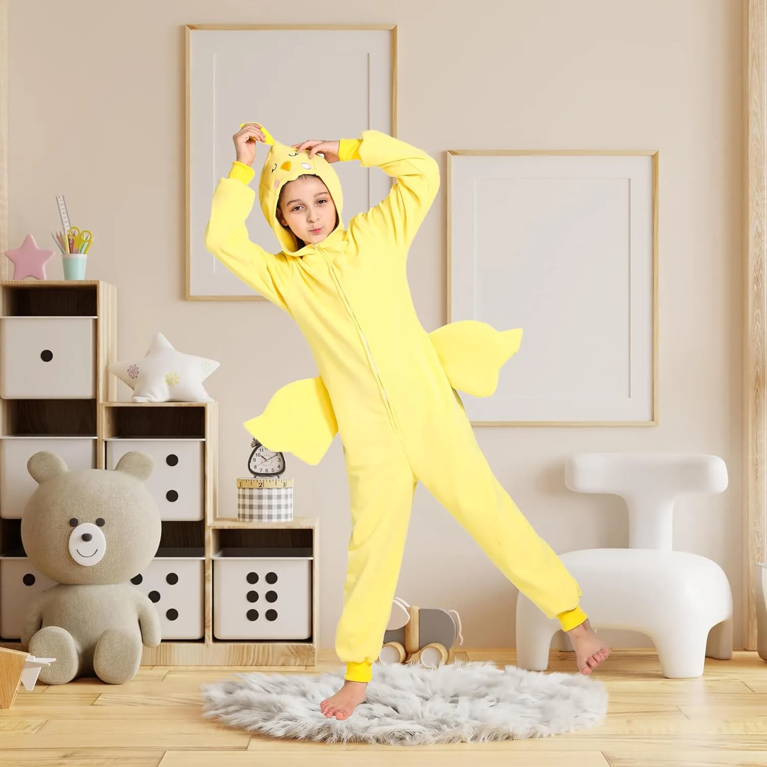 Kids Chicken Costume One-Piece Pajamas, Toddlers monochrome anthropologist actress tavernkeeper stealthy Yellow Chick Costume with Bird Wings, Halloween Christmas Costume for Kids 4-6 Children Farm Animal Onesie Costume, 