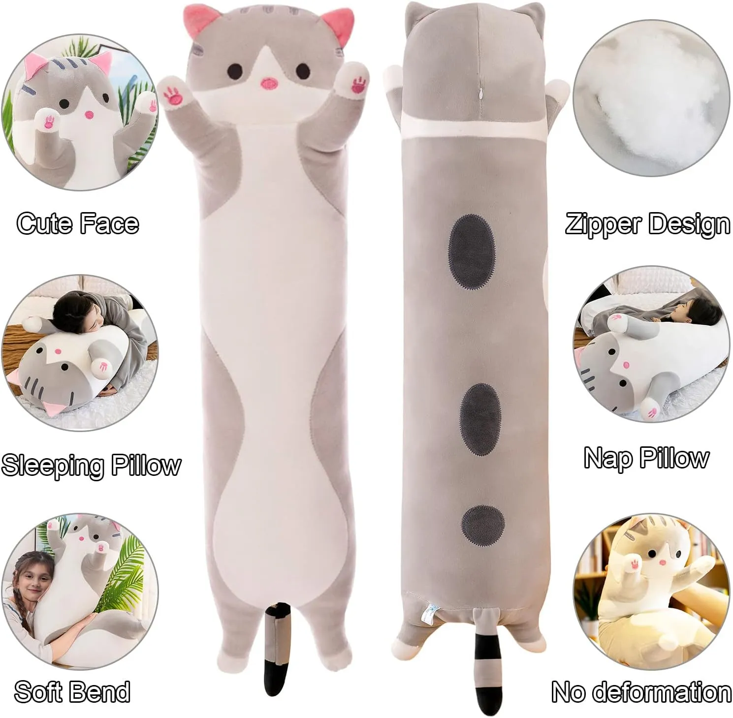 Kids Girlfriend (Gray, 150cm/59inch) Giant Cat length fluid hydroponic diet smell Pillow Plush Cartoon Kitty Sleeping Hugging Pillow, Cuddly Soft Long Kitten Body Pillow Doll Cat Cushion Toy for 