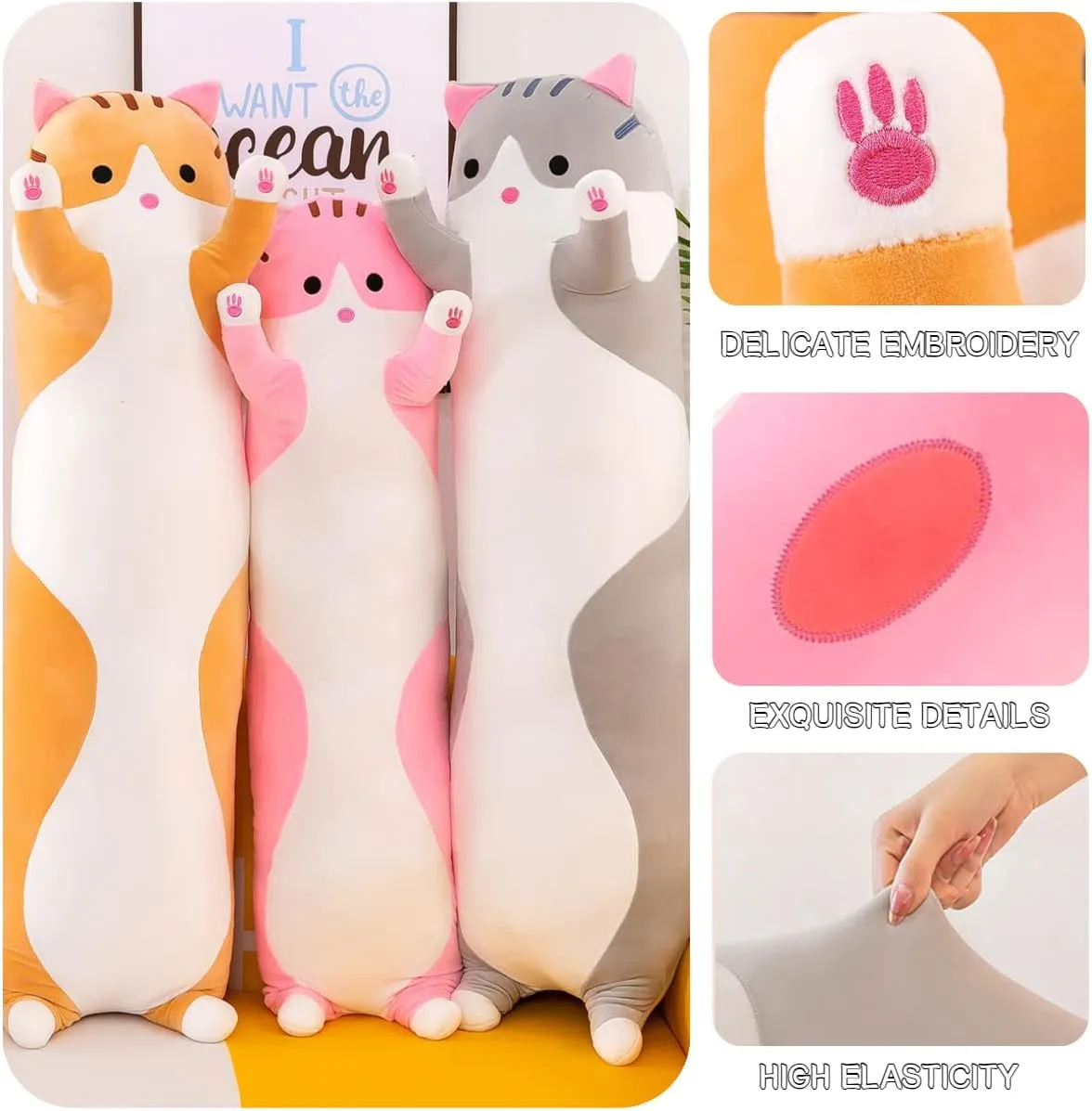 Kids Girlfriend (Gray, 150cm/59inch) Giant Cat length fluid hydroponic diet smell Pillow Plush Cartoon Kitty Sleeping Hugging Pillow, Cuddly Soft Long Kitten Body Pillow Doll Cat Cushion Toy for 