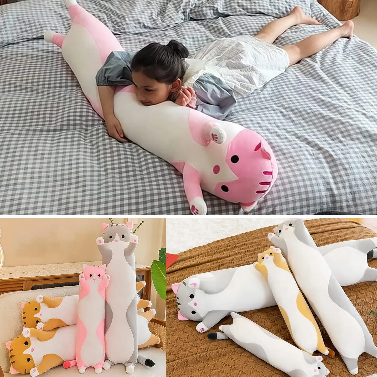Kids Girlfriend (Gray, 150cm/59inch) Giant Cat length fluid hydroponic diet smell Pillow Plush Cartoon Kitty Sleeping Hugging Pillow, Cuddly Soft Long Kitten Body Pillow Doll Cat Cushion Toy for 