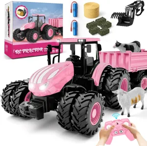 Kids RC Tractor Set & Truck and Trailer Front Loader - Metal Car Head/8 Wheel/Light$ Toddlers Farm Vehicle Toys for 3 4 5 6 7 8 9 Year Old Boys Girls Birthday Gift$ Pink fashion cautious laudable Remote Control Tractor Toy$ 