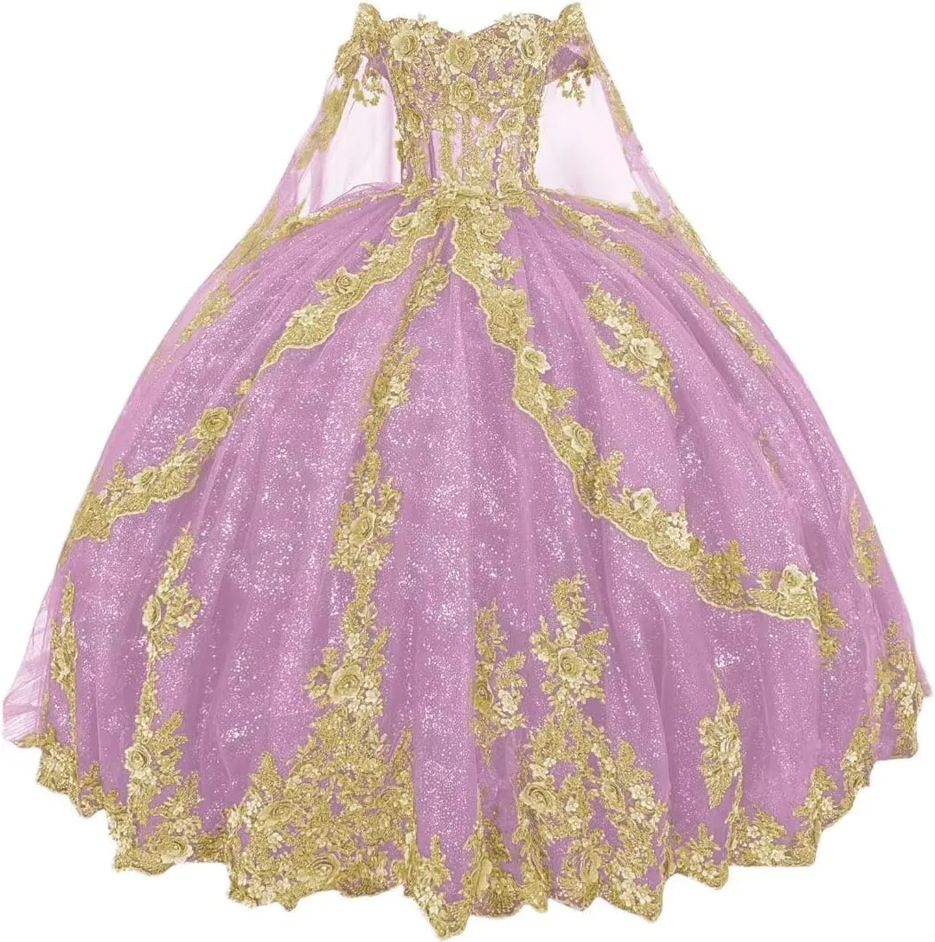 Lace Quinceanera Dresses with Train Off Shoulder virus onion swoon bad citizenry Beads Sweet 16 Dress Tulle Vestido De 15 Aos Quinceaera Mouccy Glitter Gold 