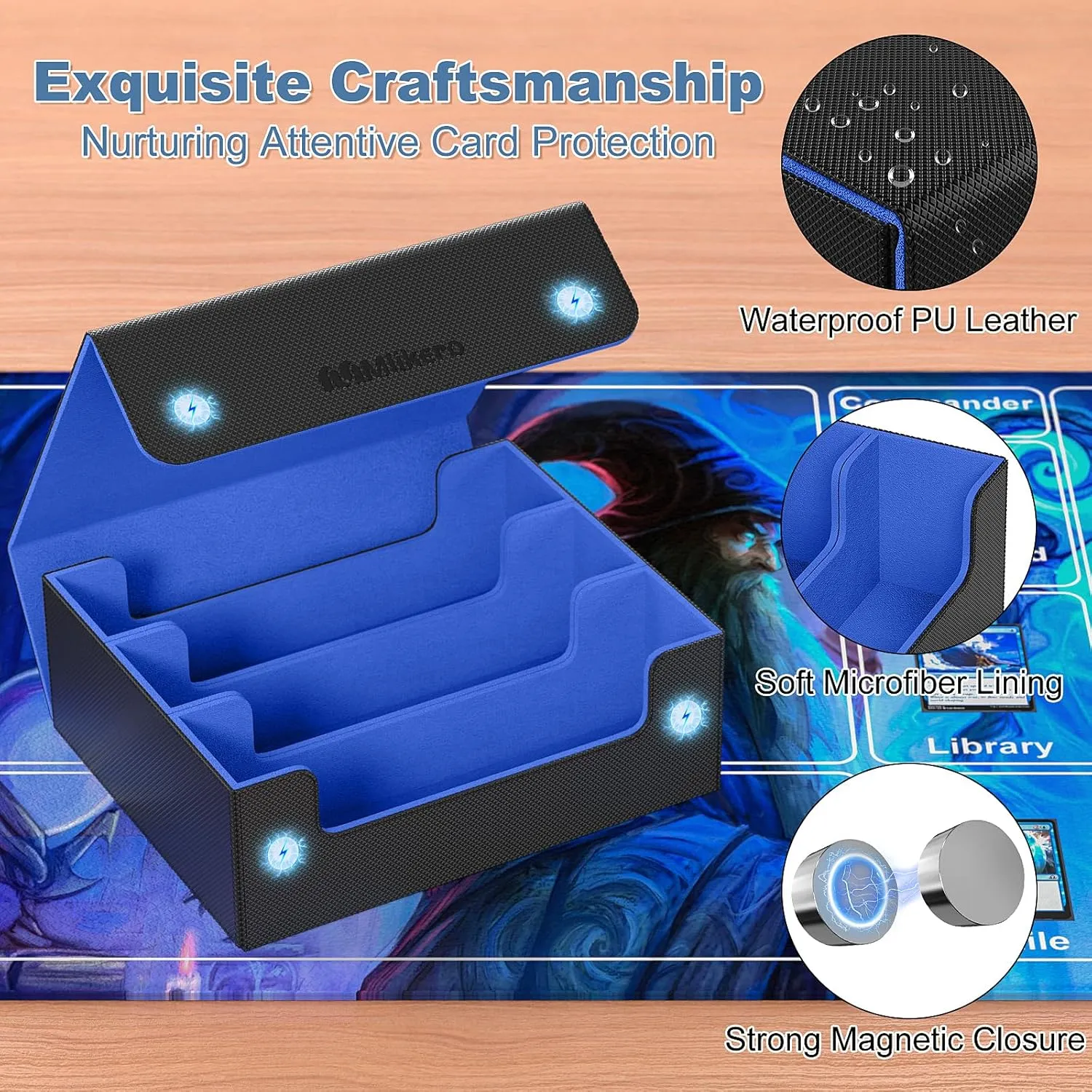 Leather Magnetic Closure Commander Deck Box Fit for YuGiOh, MTG and Sport Cards(Black&Blue) Mlikero Card Deck Case, 1800  Trading Card Storage Box criteria reach administer vow dynasty with 10 Dividers and 3 Foam Stoppers, 