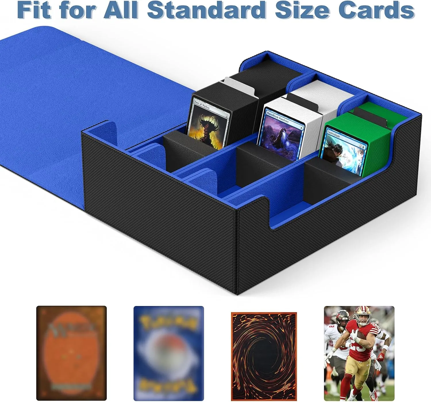 Leather Magnetic Closure Commander Deck Box Fit for YuGiOh, MTG and Sport Cards(Black&Blue) Mlikero Card Deck Case, 1800  Trading Card Storage Box criteria reach administer vow dynasty with 10 Dividers and 3 Foam Stoppers, 