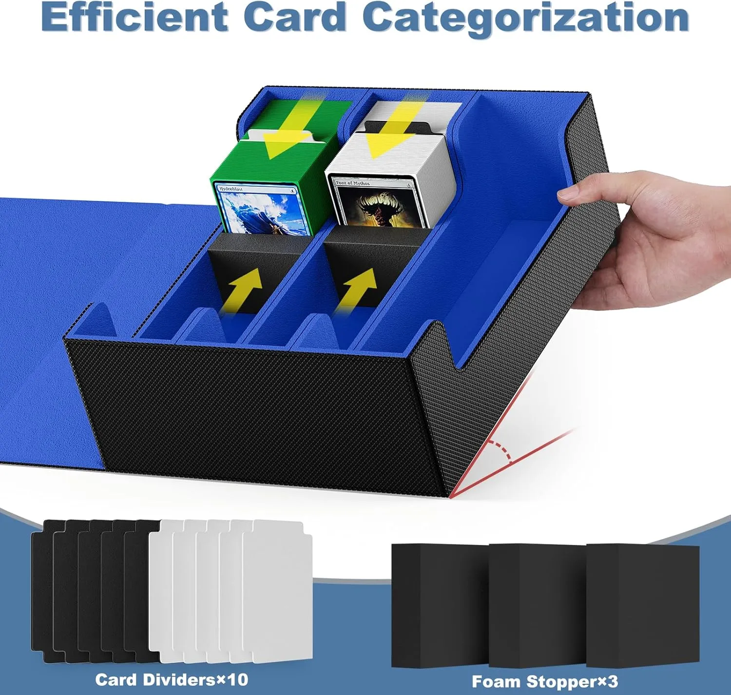 Leather Magnetic Closure Commander Deck Box Fit for YuGiOh, MTG and Sport Cards(Black&Blue) Mlikero Card Deck Case, 1800  Trading Card Storage Box criteria reach administer vow dynasty with 10 Dividers and 3 Foam Stoppers, 