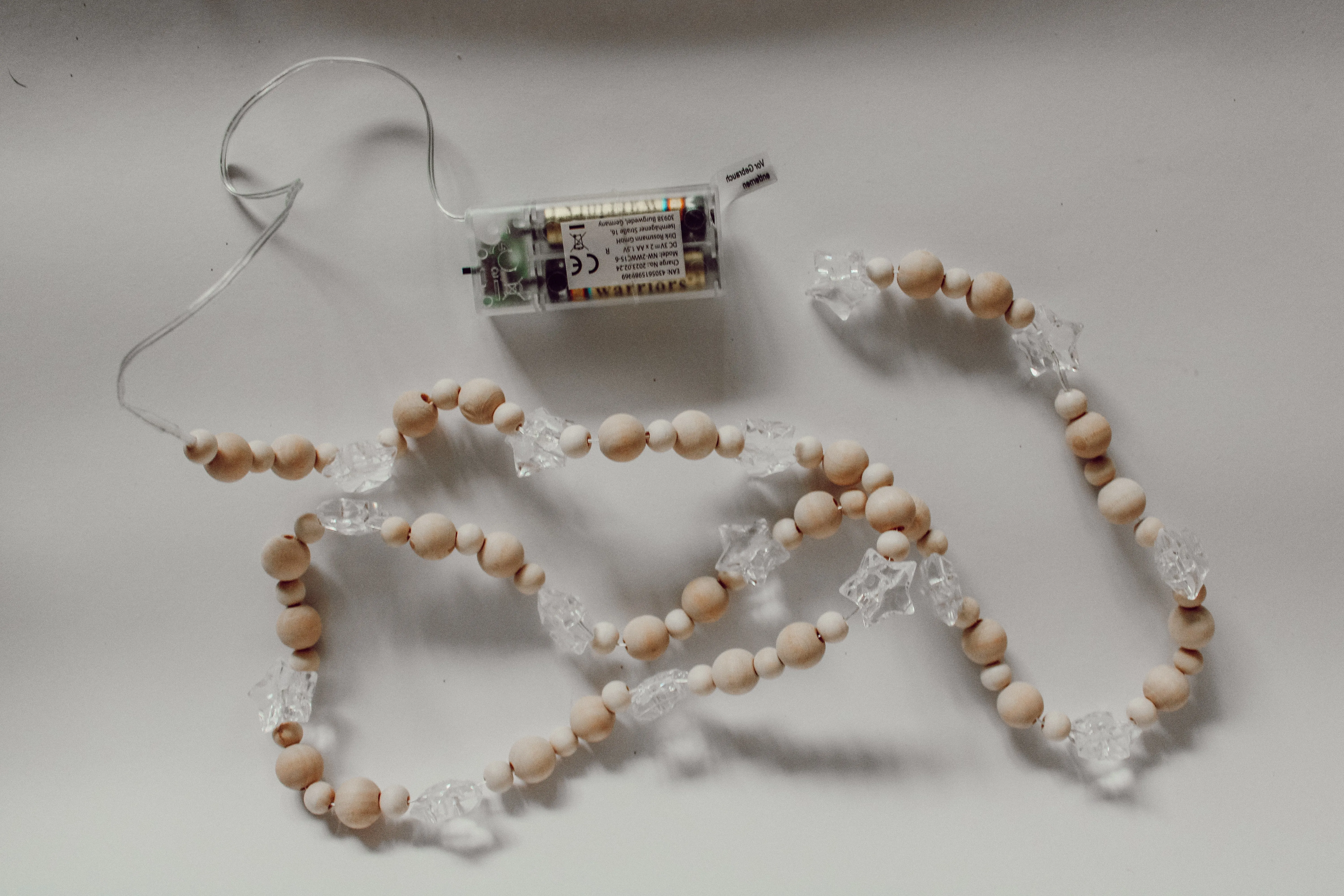 LED stars, wooden beaded fairy-lights 15 pcs, battery operated