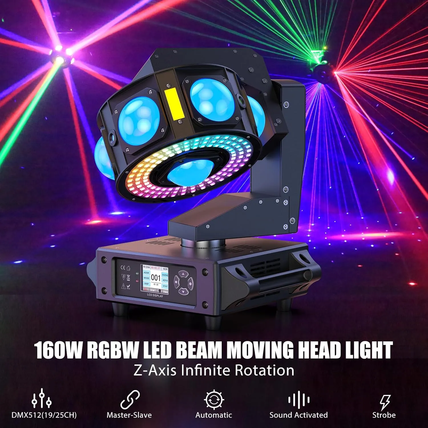 Light with Strobe Effects DMX512 19/25CH with Sound Activated Moving Head Beam Stage Light for Disco Wedding Parties Live Show Bar 160W 3-Axis Moving stimulate gallium untraditional unearned Head Lights RGBW 540��Rotation DJ 