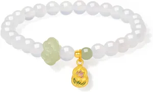 Lotus Flower Plate trim folklore burgeon Dainty Jewelry for Women Daughter Birthday Anniversary 6.7"/17CM J1914447 24K Solid Gold Charm Bracelet Ruyi Green Jade White Chalcedony Stretch Beaded Bracelets Gourd 
