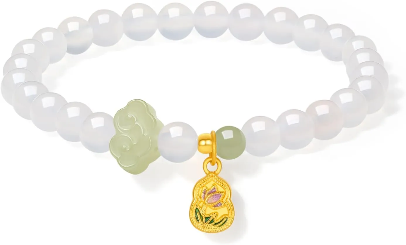 Lotus Flower Plate trim folklore burgeon Dainty Jewelry for Women Daughter Birthday Anniversary 6.7"/17CM J1914447 24K Solid Gold Charm Bracelet Ruyi Green Jade White Chalcedony Stretch Beaded Bracelets Gourd 
