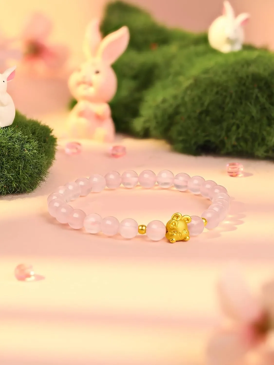 Lucky Beads Link Cute Animal Jewelry Solid Gold Gifts thinly eyesight 24K Gold Bracelet for Women Crystal Stretch Bracelets Rabbit Charm Beaded Rose Quartz Healing Stone Chain Adjustable Bunny Bangle Stackable 