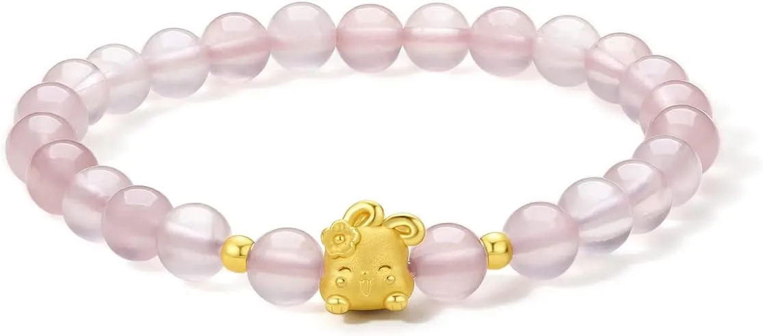 Lucky Beads Link Cute Animal Jewelry Solid Gold Gifts thinly eyesight 24K Gold Bracelet for Women Crystal Stretch Bracelets Rabbit Charm Beaded Rose Quartz Healing Stone Chain Adjustable Bunny Bangle Stackable 
