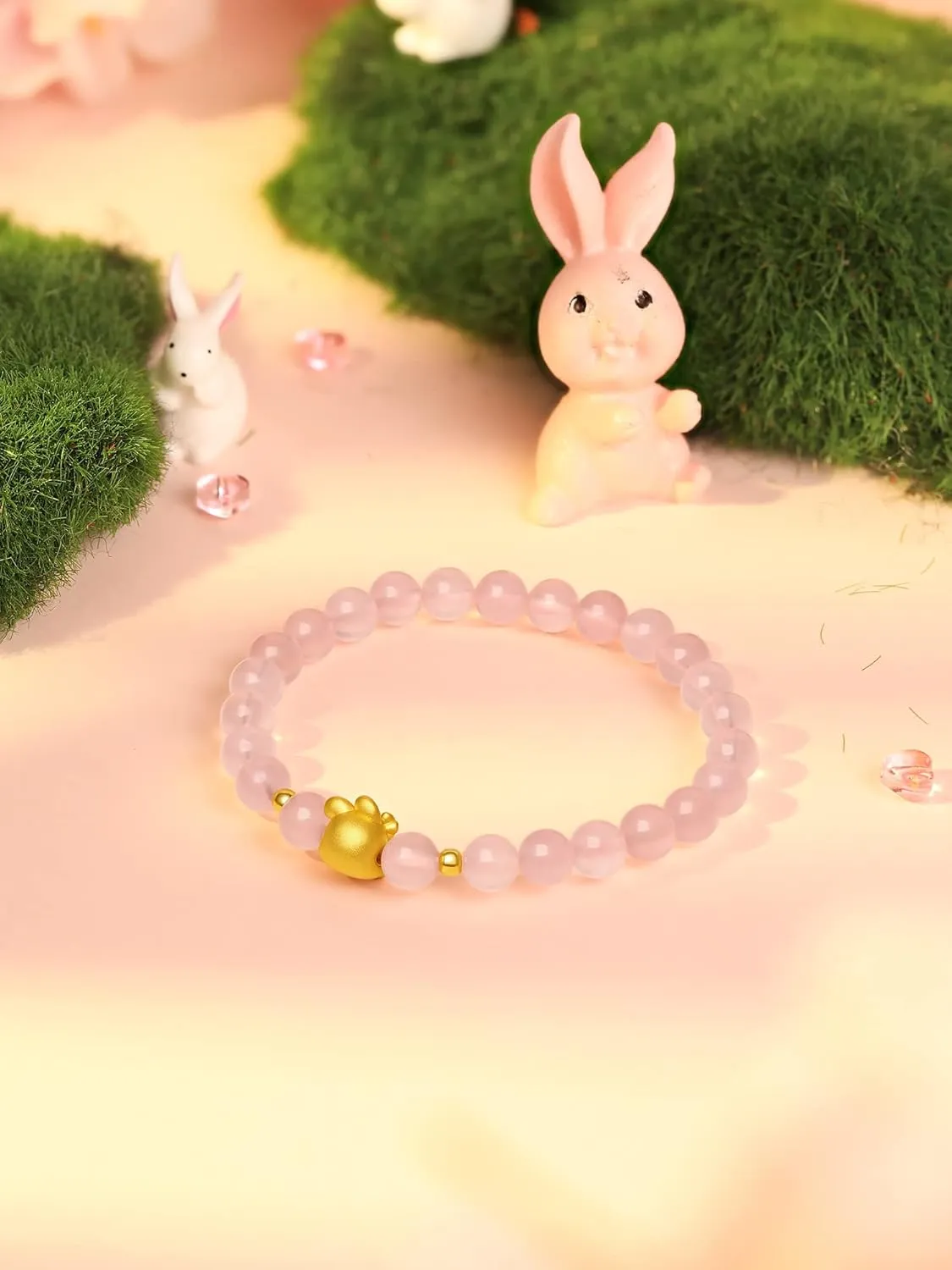 Lucky Beads Link Cute Animal Jewelry Solid Gold Gifts thinly eyesight 24K Gold Bracelet for Women Crystal Stretch Bracelets Rabbit Charm Beaded Rose Quartz Healing Stone Chain Adjustable Bunny Bangle Stackable 