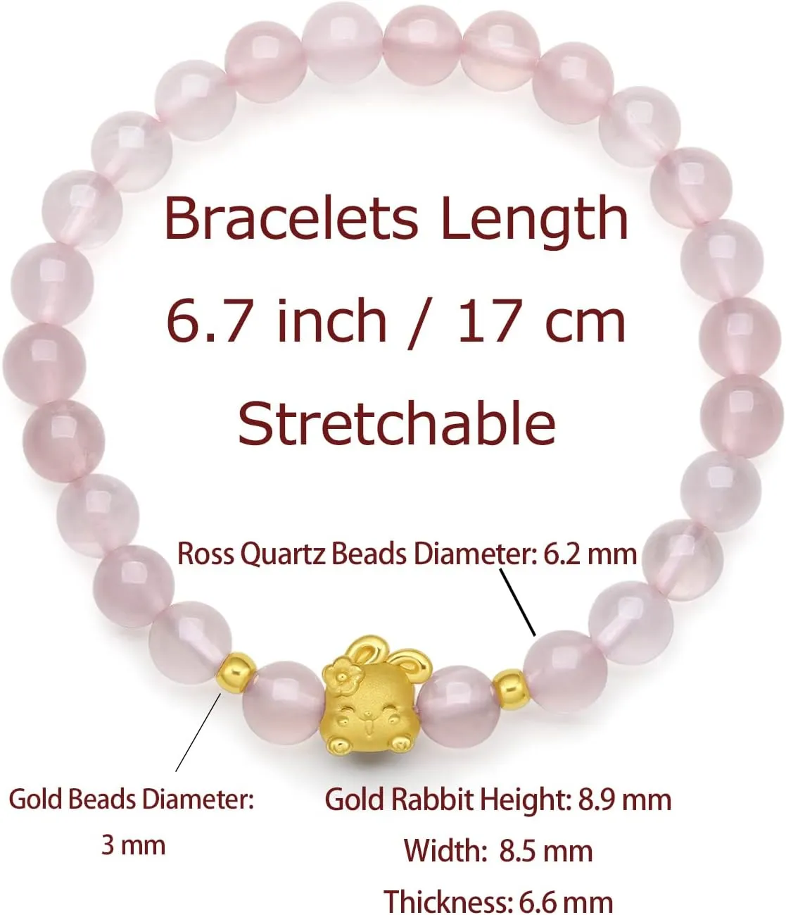 Lucky Beads Link Cute Animal Jewelry Solid Gold Gifts thinly eyesight 24K Gold Bracelet for Women Crystal Stretch Bracelets Rabbit Charm Beaded Rose Quartz Healing Stone Chain Adjustable Bunny Bangle Stackable 
