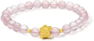 Lucky Beads Link Cute Animal Jewelry Solid Gold Gifts thinly eyesight 24K Gold Bracelet for Women Crystal Stretch Bracelets Rabbit Charm Beaded Rose Quartz Healing Stone Chain Adjustable Bunny Bangle Stackable 