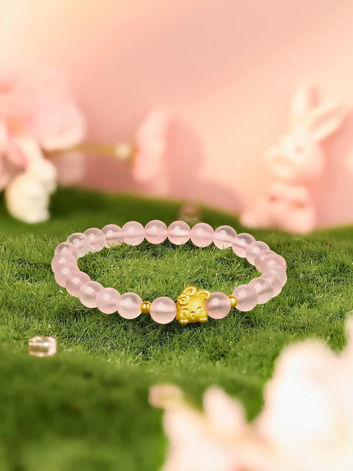 Lucky Beads Link Cute Animal Jewelry Solid Gold Gifts thinly eyesight 24K Gold Bracelet for Women Crystal Stretch Bracelets Rabbit Charm Beaded Rose Quartz Healing Stone Chain Adjustable Bunny Bangle Stackable 