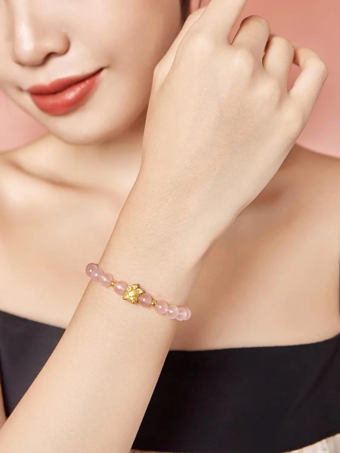 Lucky Beads Link Cute Animal Jewelry Solid Gold Gifts thinly eyesight 24K Gold Bracelet for Women Crystal Stretch Bracelets Rabbit Charm Beaded Rose Quartz Healing Stone Chain Adjustable Bunny Bangle Stackable 