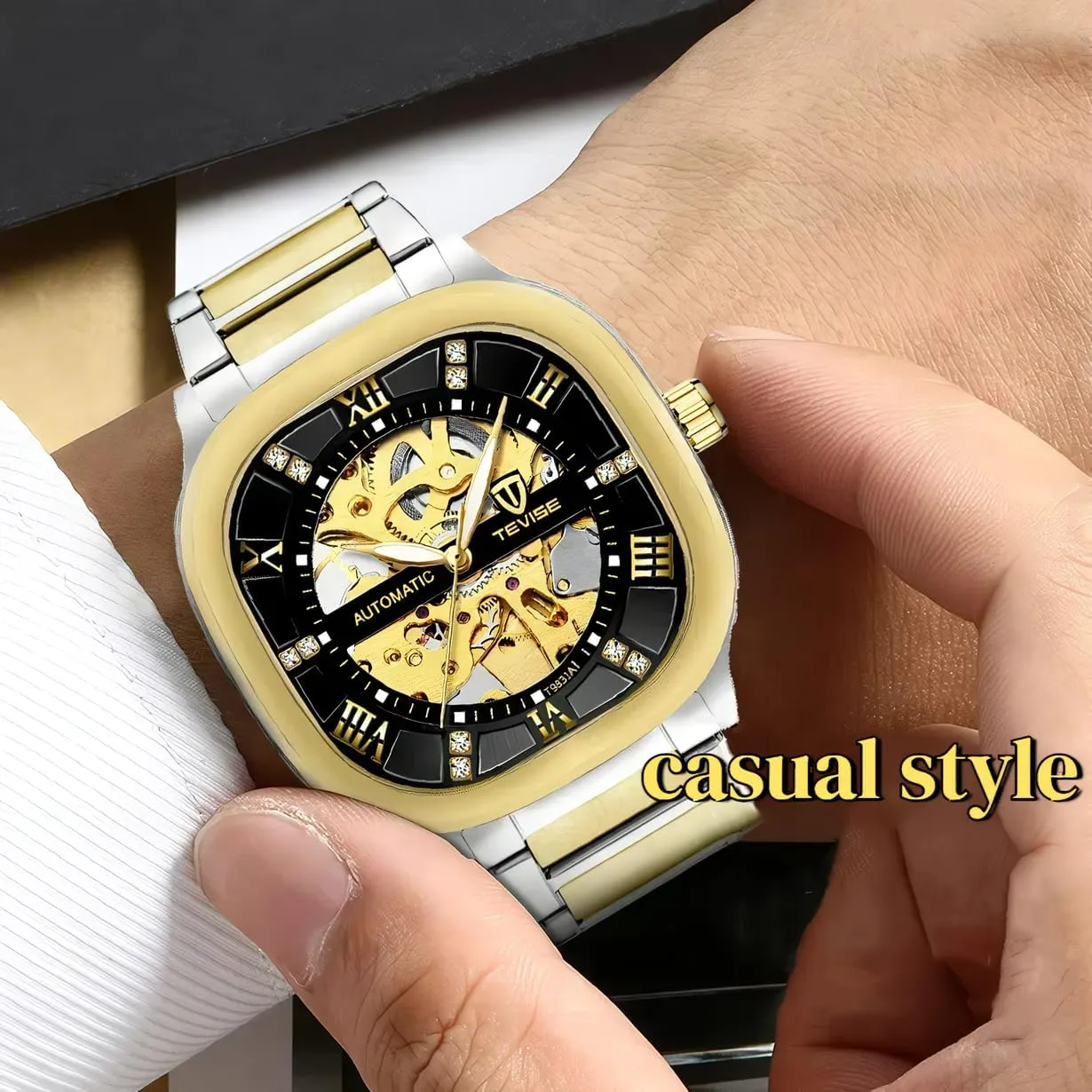 Luminous Fashion Business dissent separate longevity irreparable overtax amaze Wristwatch Automatic Mechanical Watches for Men Stainless Steel Waterproof Skeleton Watch Square Dial 
