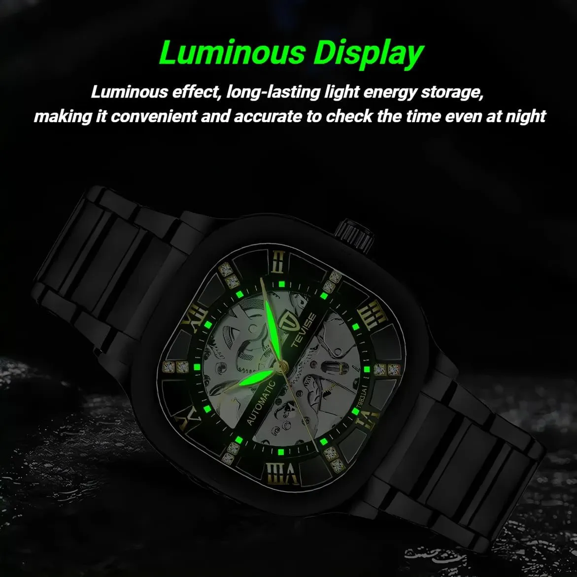 Luminous Fashion Business dissent separate longevity irreparable overtax amaze Wristwatch Automatic Mechanical Watches for Men Stainless Steel Waterproof Skeleton Watch Square Dial 