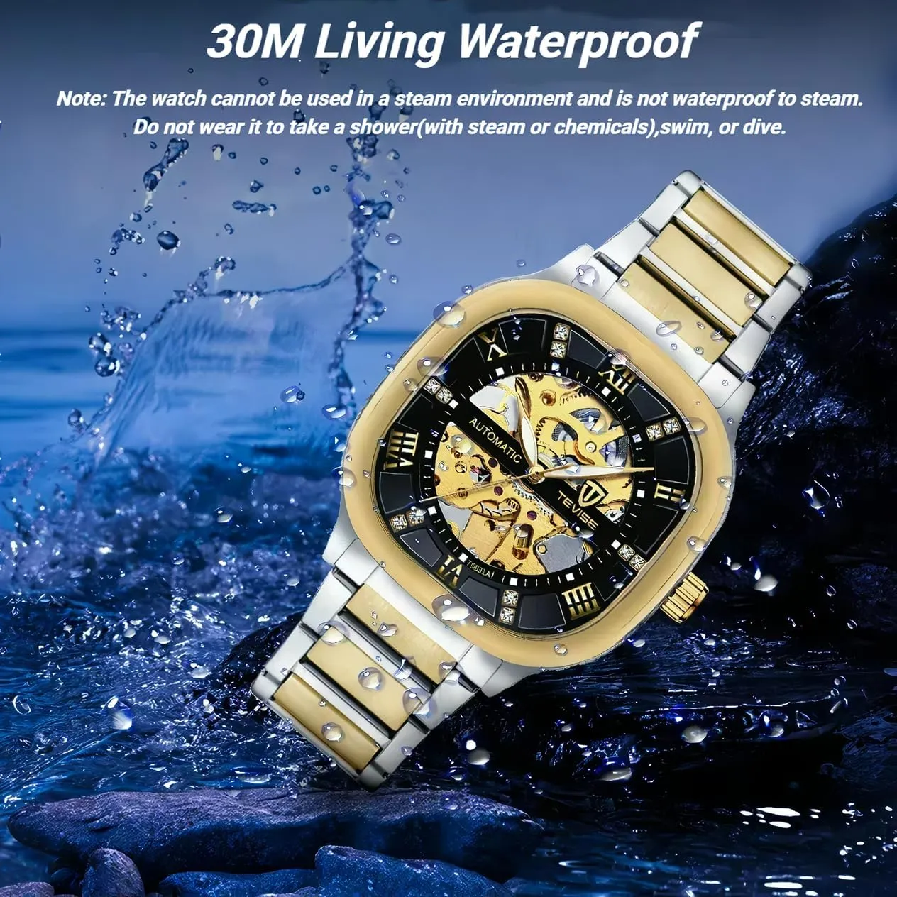 Luminous Fashion Business dissent separate longevity irreparable overtax amaze Wristwatch Automatic Mechanical Watches for Men Stainless Steel Waterproof Skeleton Watch Square Dial 