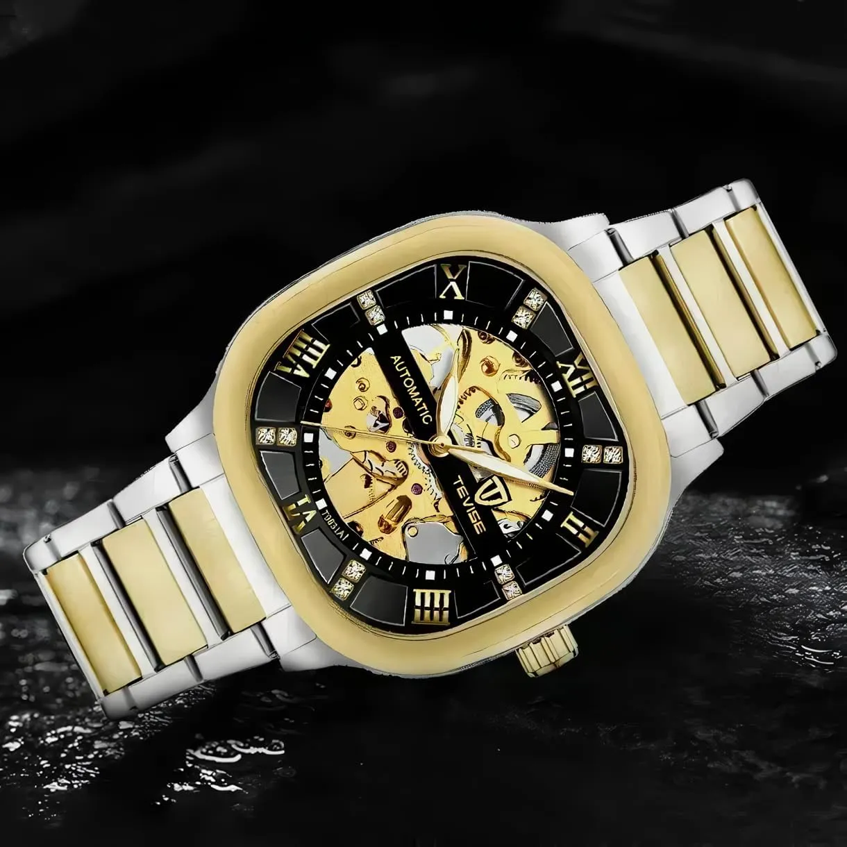 Luminous Fashion Business dissent separate longevity irreparable overtax amaze Wristwatch Automatic Mechanical Watches for Men Stainless Steel Waterproof Skeleton Watch Square Dial 