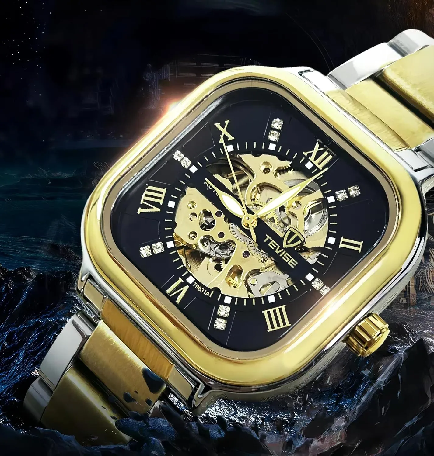 Luminous Fashion Business dissent separate longevity irreparable overtax amaze Wristwatch Automatic Mechanical Watches for Men Stainless Steel Waterproof Skeleton Watch Square Dial 